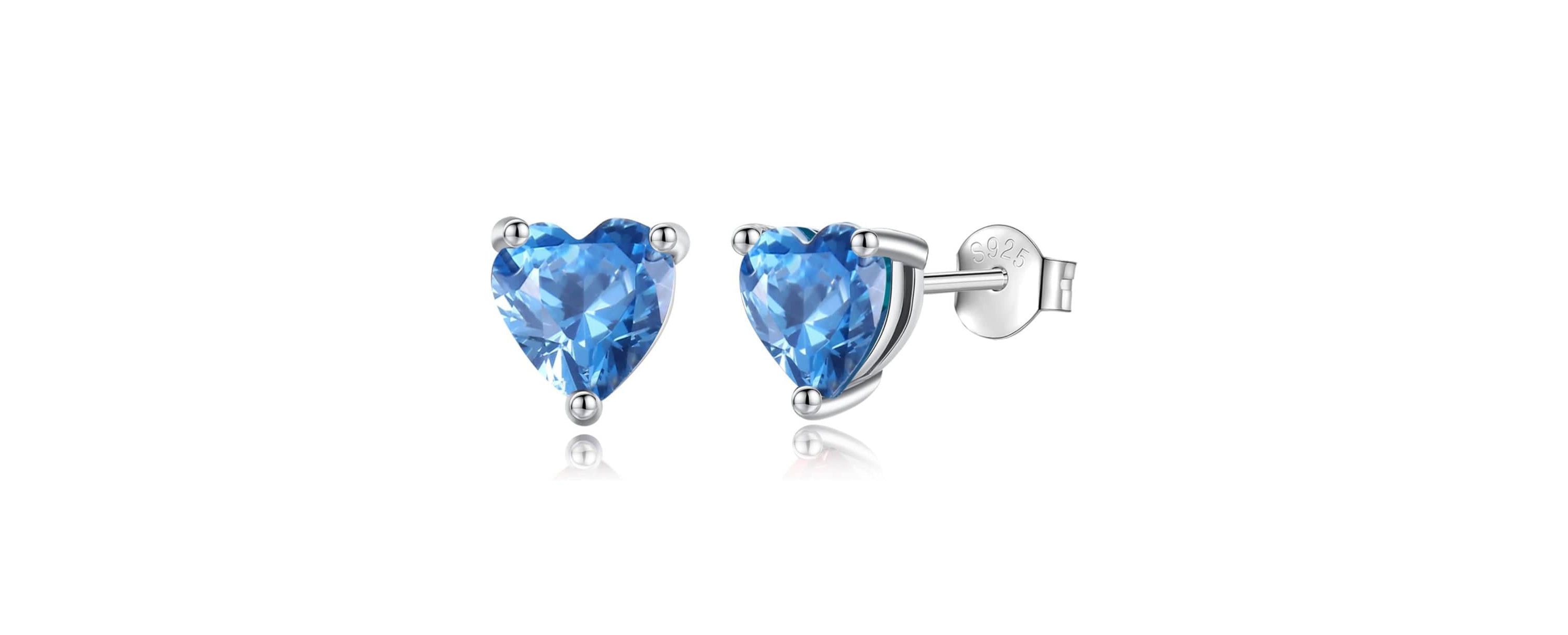Solid Sterling Silver Created Gemstone Heart Stud Earrings blkue