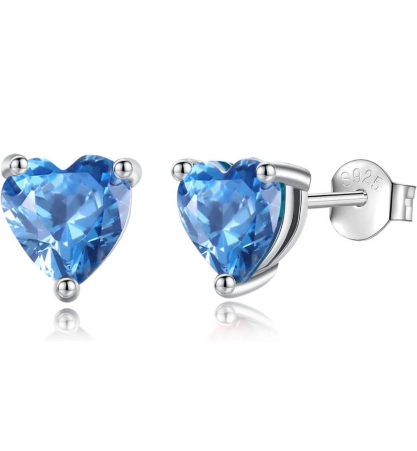 Solid Sterling Silver Created Gemstone Heart Stud Earrings blkue