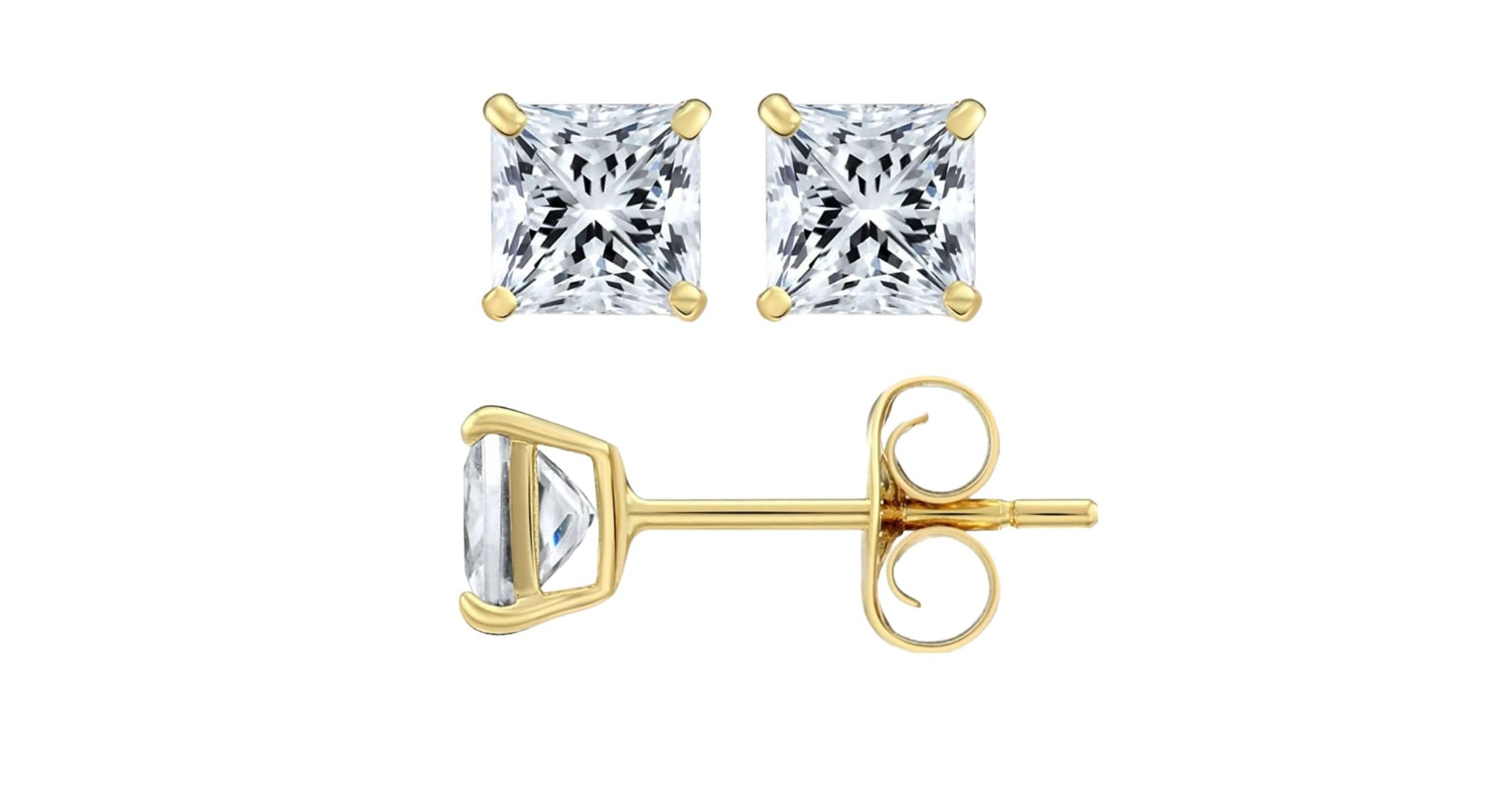 Solid 14K Yellow Gold 4mm Square Cut Crystal Studs yellow