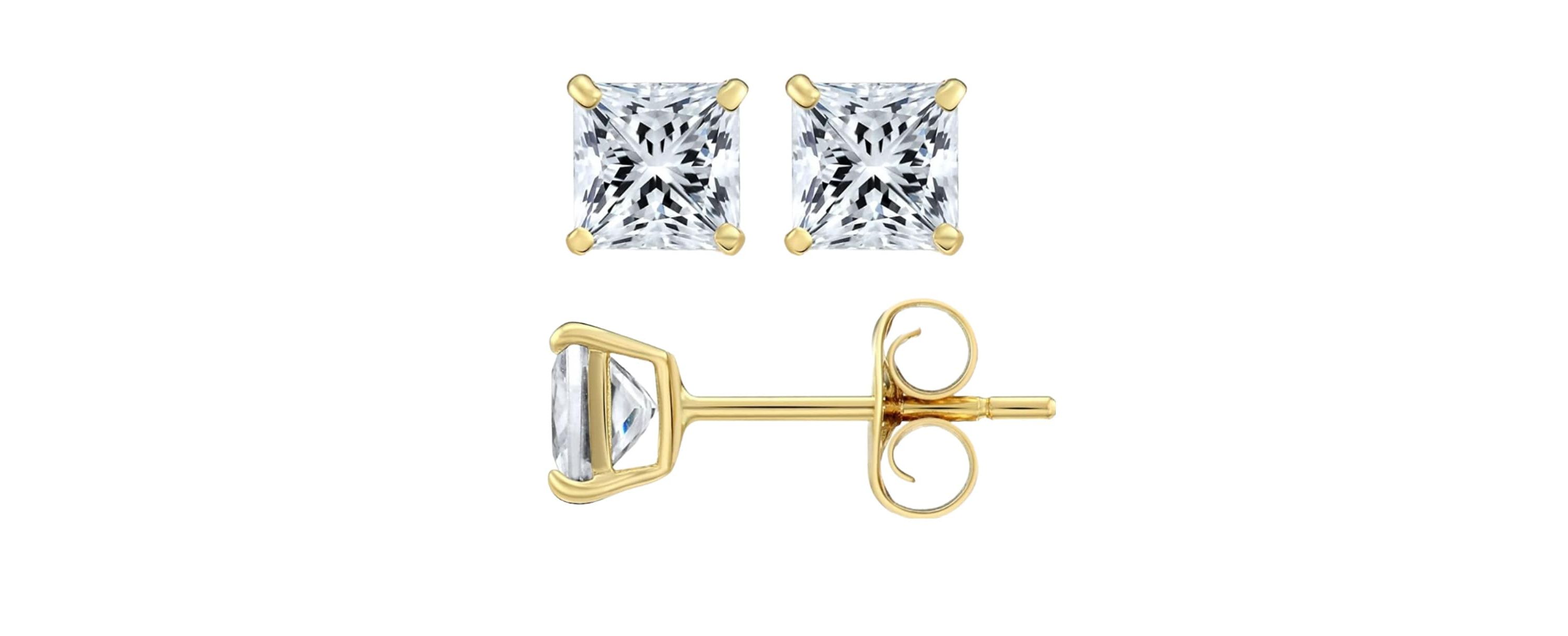 Solid 14K Yellow Gold 4mm Square Cut Crystal Studs yellow