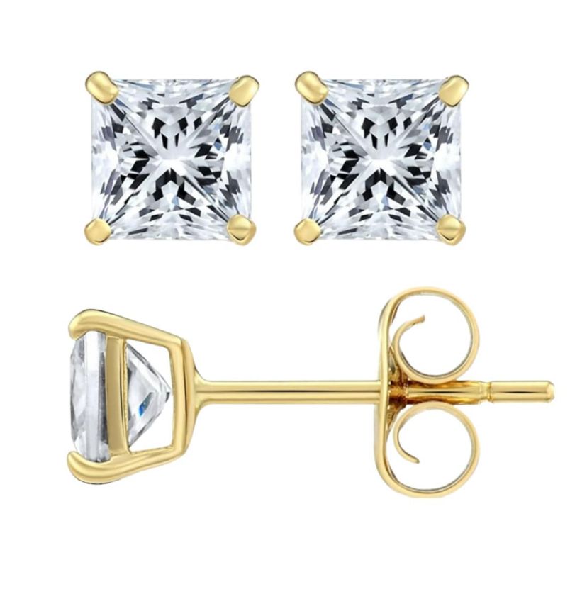 Solid 14K Yellow Gold 4mm Square Cut Crystal Studs yellow