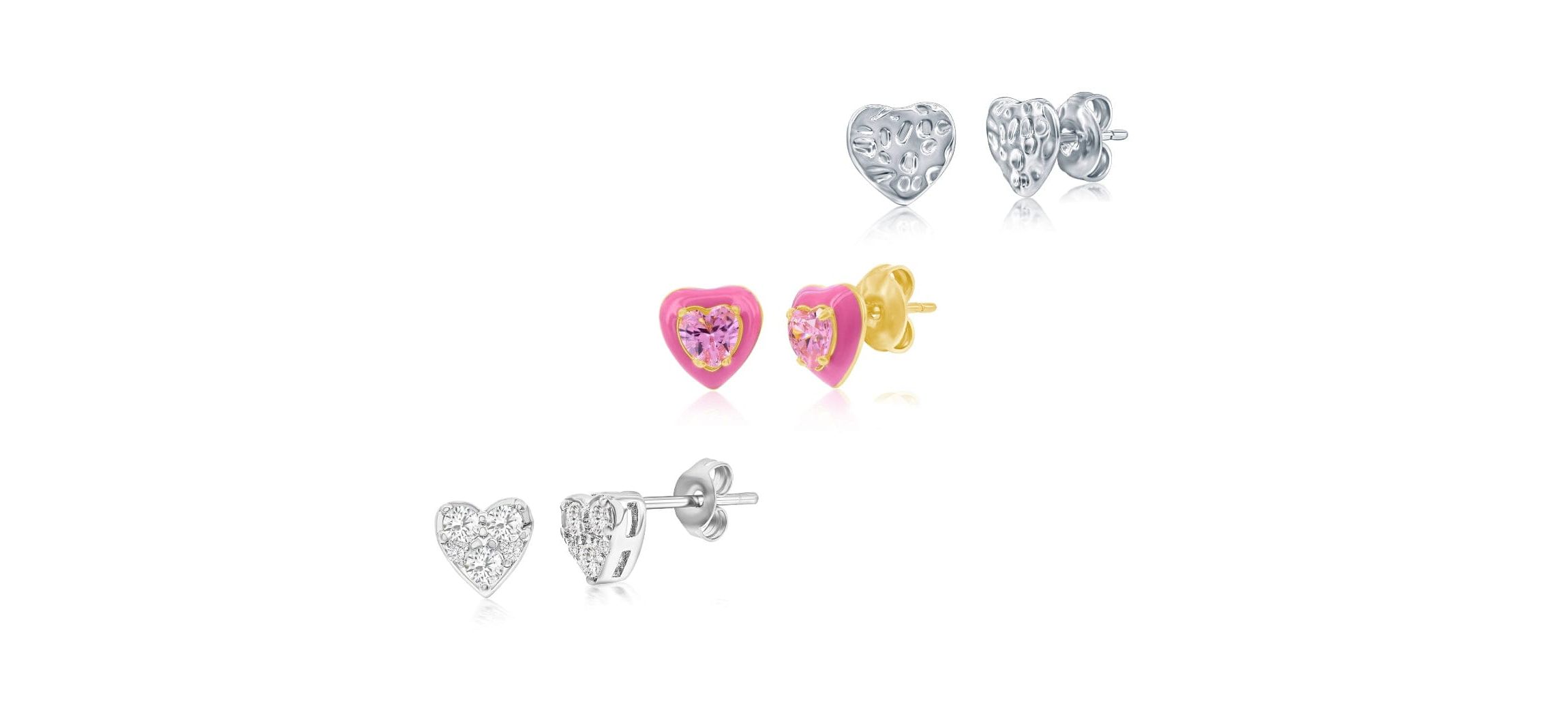 Jewelry Bundle: Hammered Heart Earrings, Gold Pink Enamel Heart Earrings, Crystal Tri Stone Heart Earrings