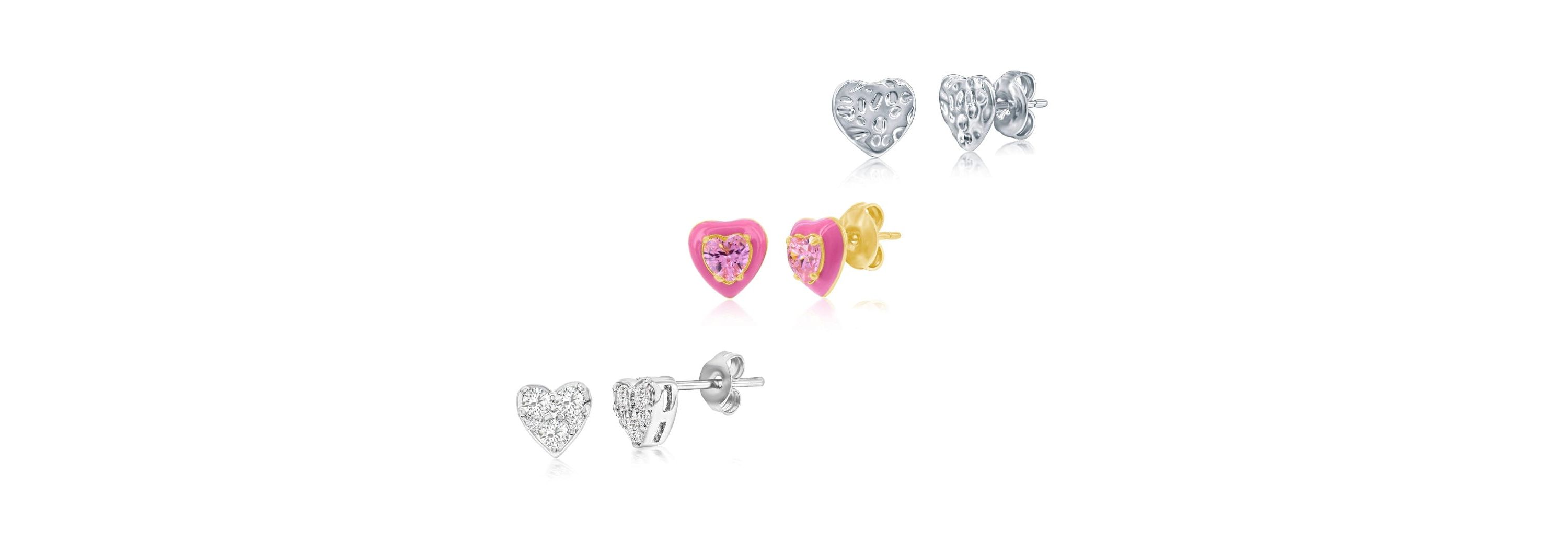 Jewelry Bundle: Hammered Heart Earrings, Gold Pink Enamel Heart Earrings, Crystal Tri Stone Heart Earrings