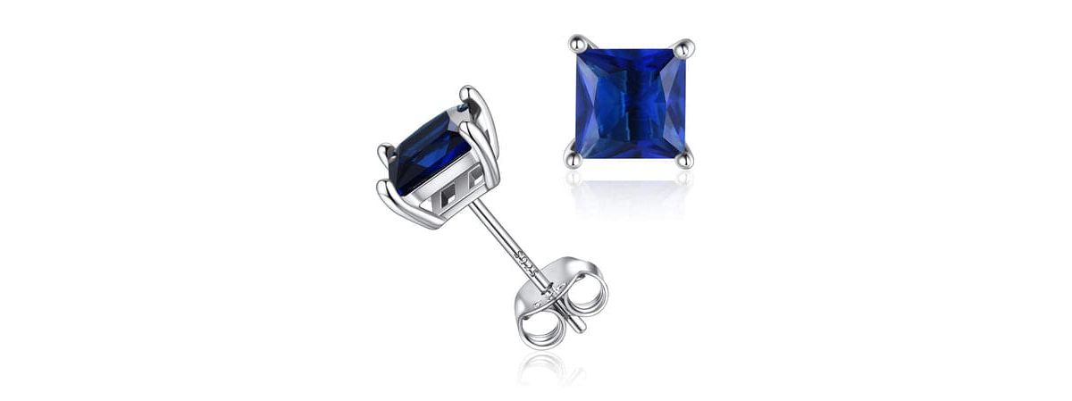2CT 925 Sterling Silver Natural Sapphire Square Cut Studs Earrings