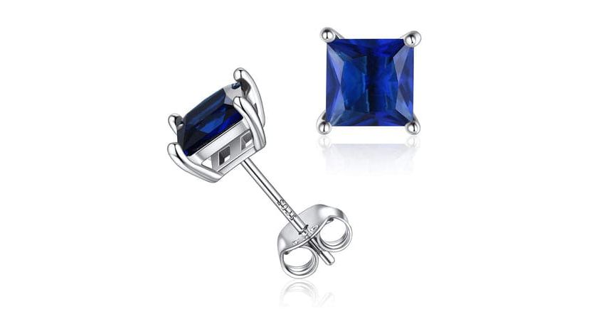 2CT 925 Sterling Silver Natural Sapphire Square Cut Studs Earrings