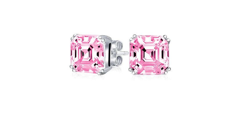 925 Sterling Silver Pink Ascher Cut Studs Earrings