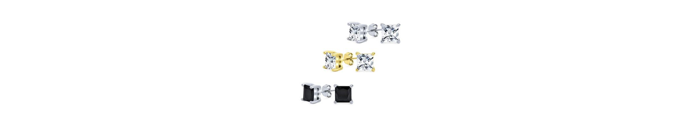 3 Pack Sterling Silver Princess Square Cut Studs