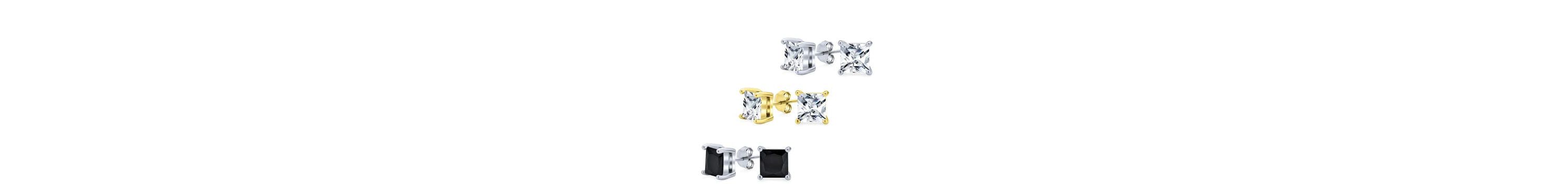 3 Pack Sterling Silver Princess Square Cut Studs