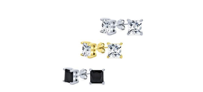 3 Pack Sterling Silver Princess Square Cut Studs