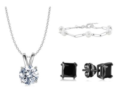 Donatello Gian Jewelry Bundle: Black On Black Square Studs, Paperclip Pearl Bracelet, Crystal Round Cut Necklace