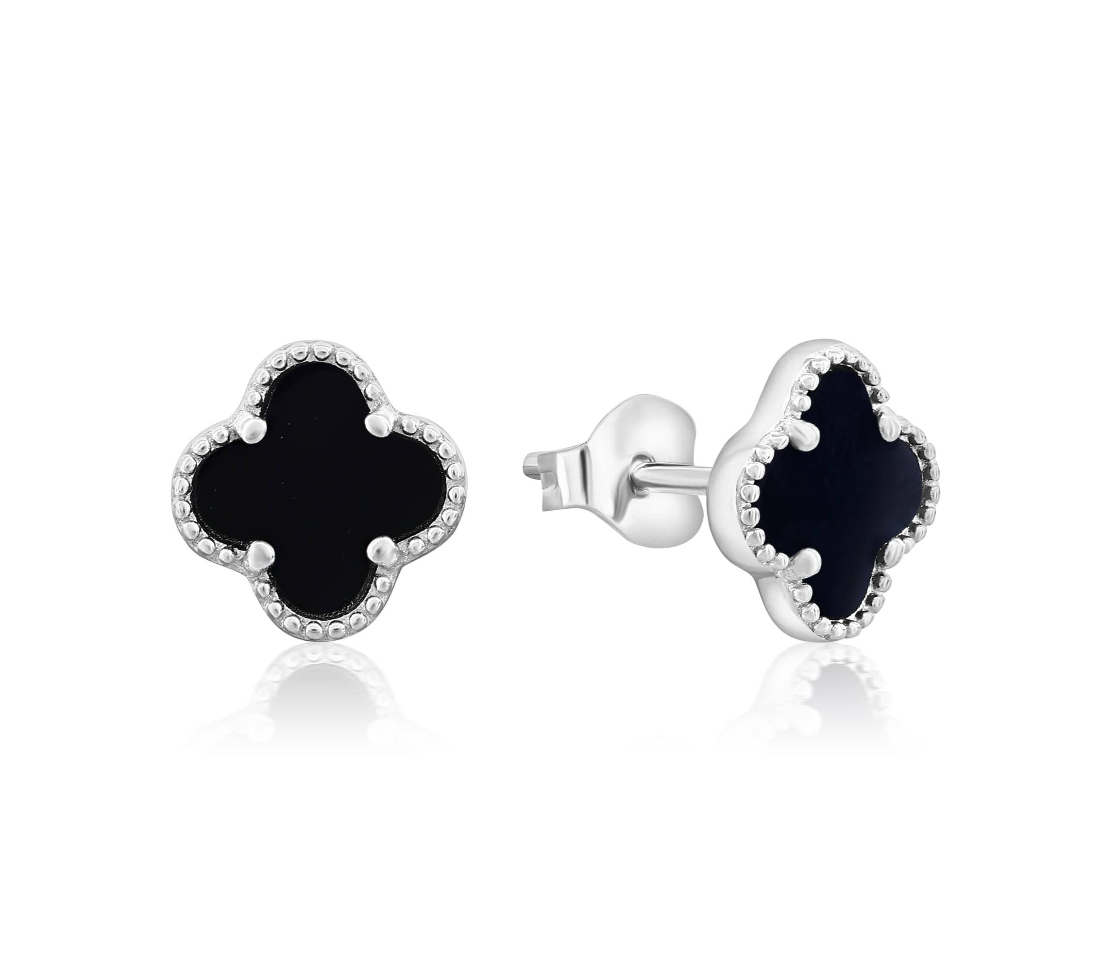 Solid 925 Sterling Silver Black Onyx Clover Studs