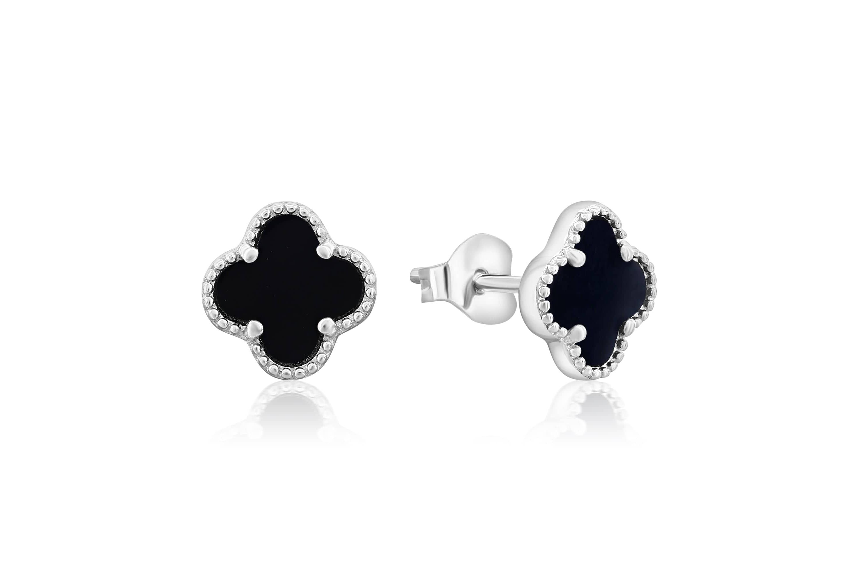 Solid 925 Sterling Silver Black Onyx Clover Studs