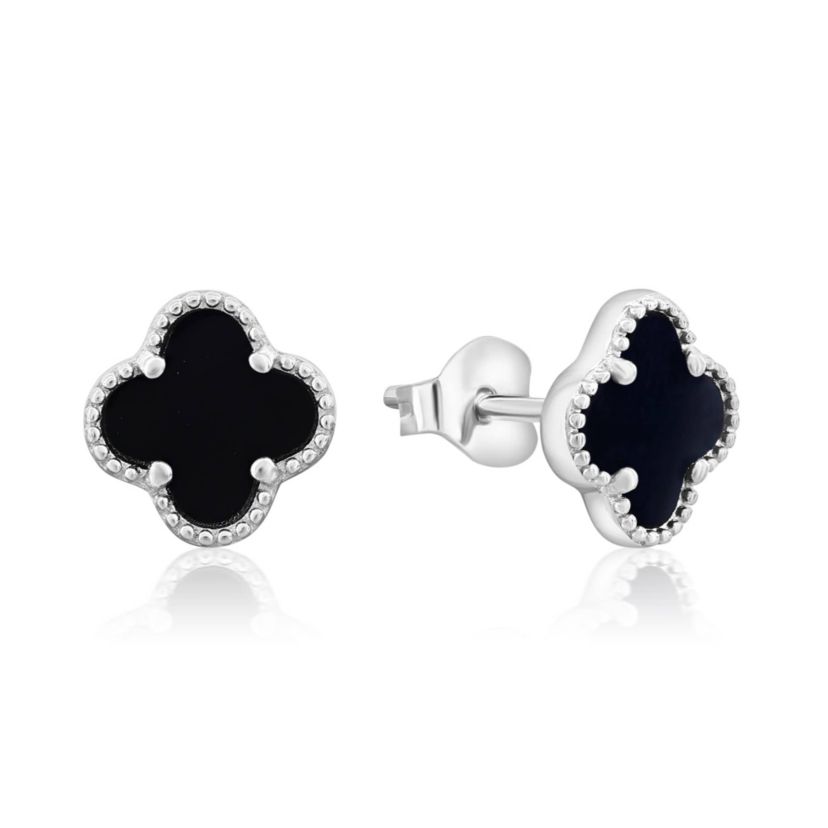 Solid 925 Sterling Silver Black Onyx Clover Studs