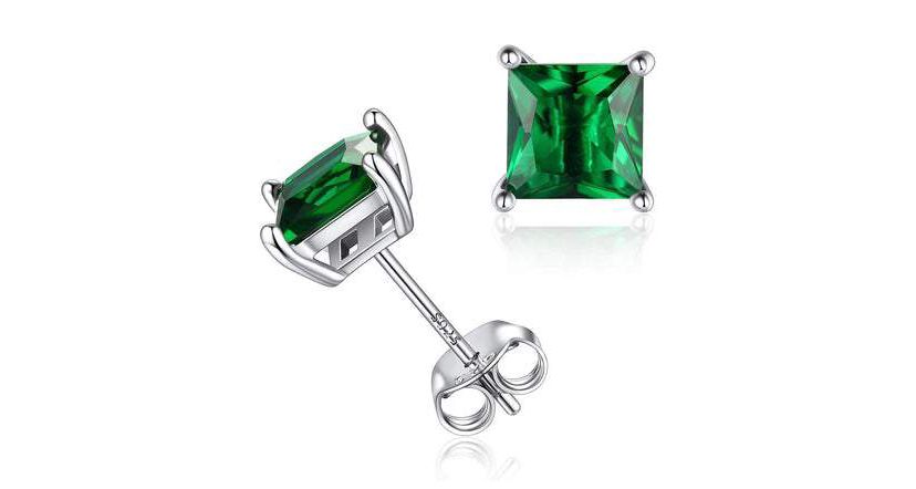 2CT 925 Sterling Silver Emerald Square Cut Studs Earrings