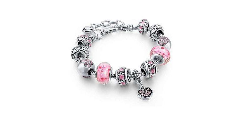 Pink Crystal Heart Charm Bracelet