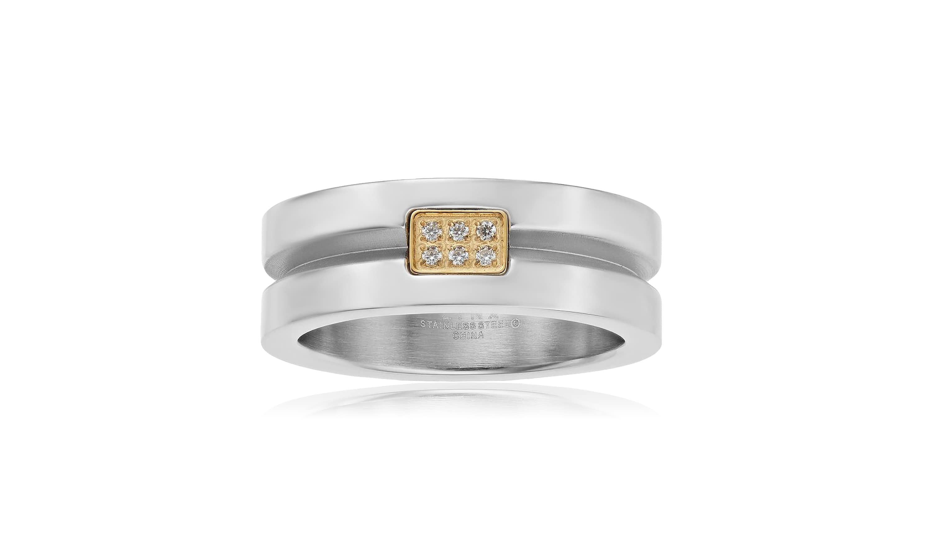 Mens Stainless Steel Cubic Zirconia Ring with Goldtone Ion Plating
