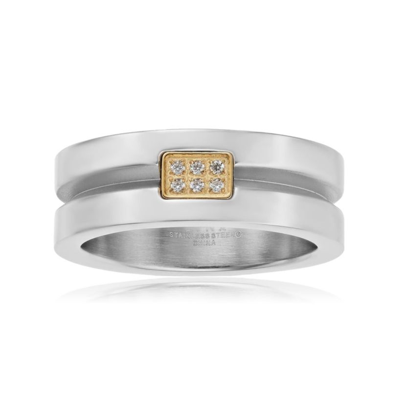 Mens Stainless Steel Cubic Zirconia Ring with Goldtone Ion Plating