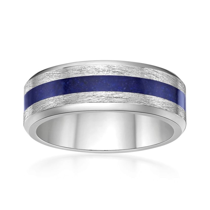 Mens Stainless Steel Ring with Lapis Inlay