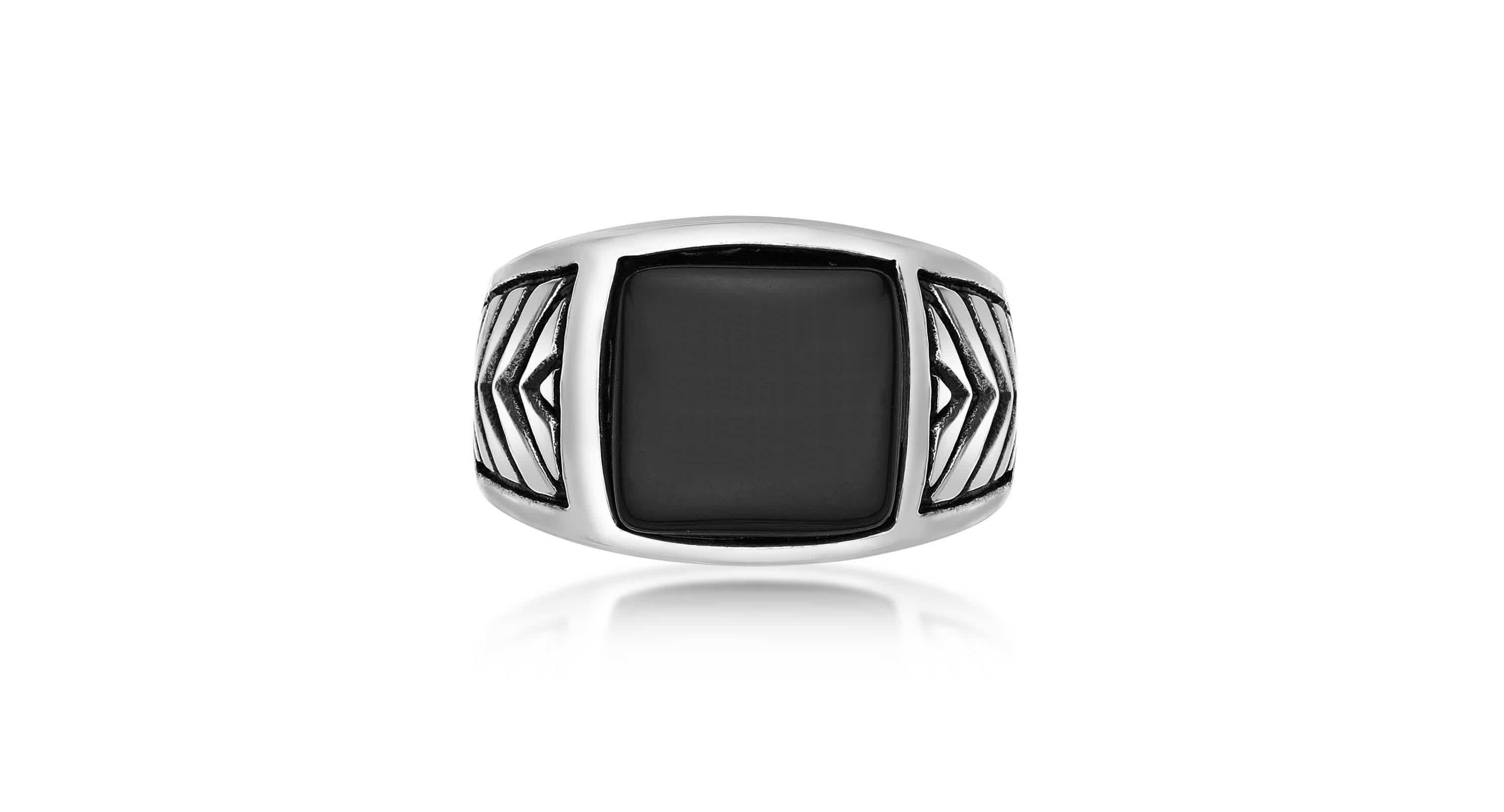 Mens Stainless Steel Ring with Black Agate