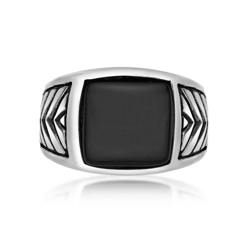 Mens Stainless Steel Ring with Black Agate