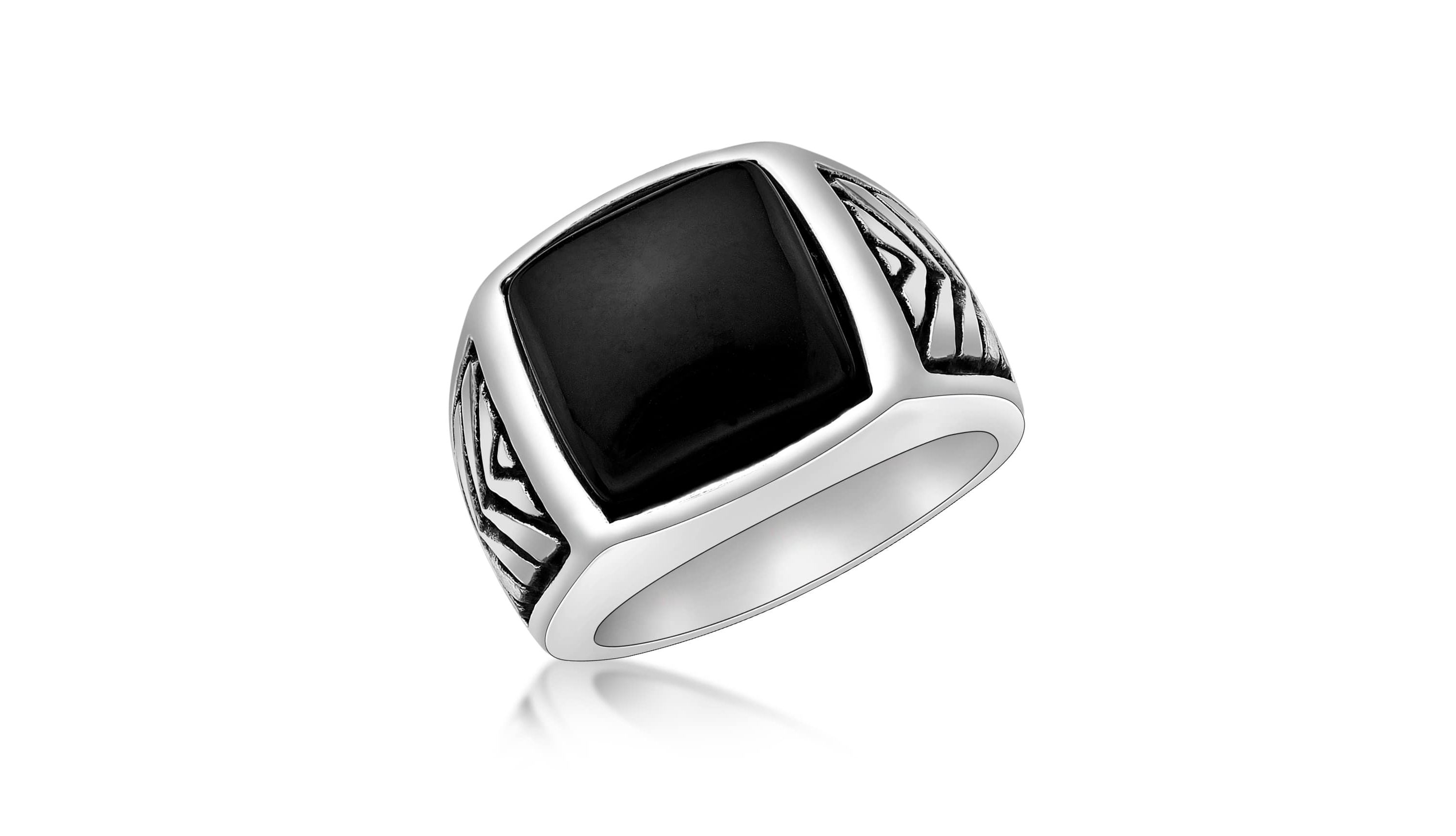 Mens Stainless Steel Ring with Black Agate