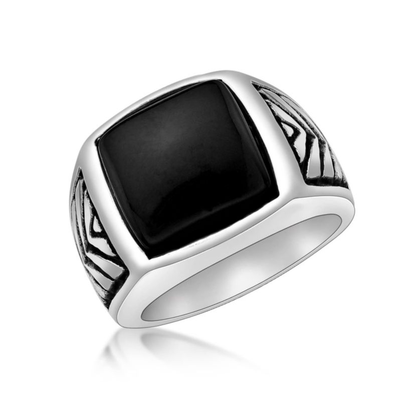 Mens Stainless Steel Ring with Black Agate