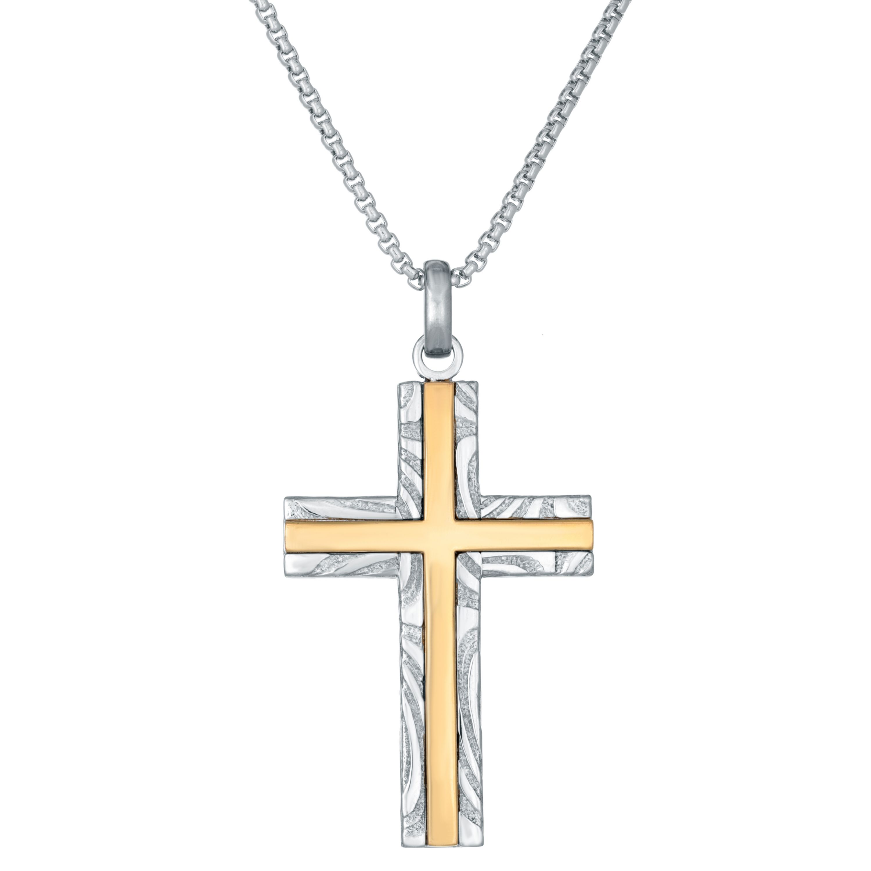 Damascus Stainless Steel Cross Pendant with Goldtone Ion Plating