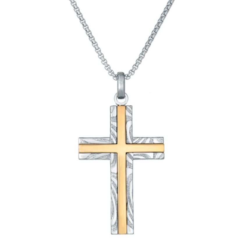 Damascus Stainless Steel Cross Pendant with Goldtone Ion Plating