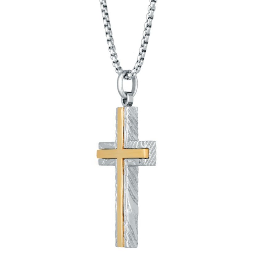 Damascus Stainless Steel Cross Pendant with Goldtone Ion Plating