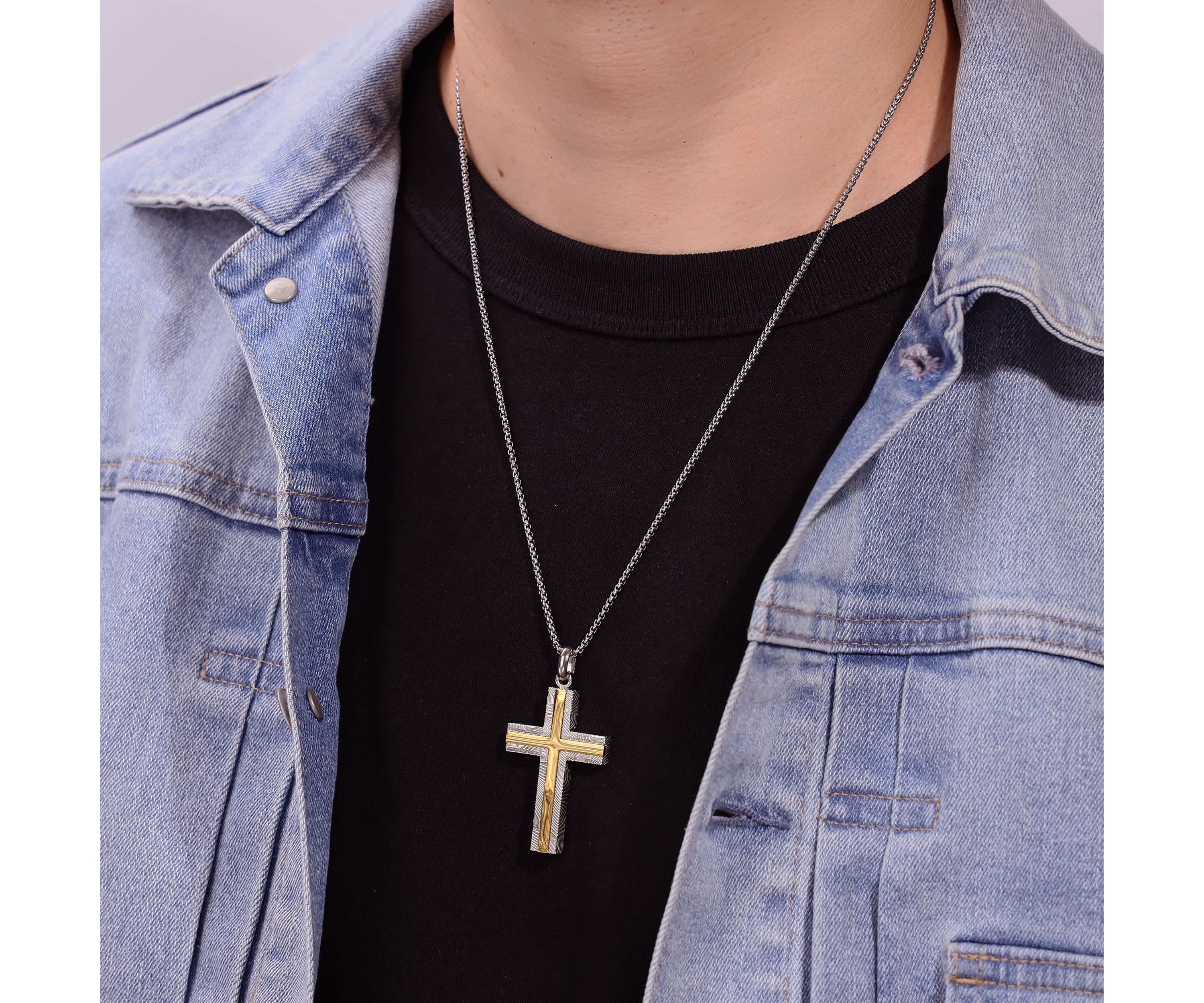 Damascus Stainless Steel Cross Pendant with Goldtone Ion Plating