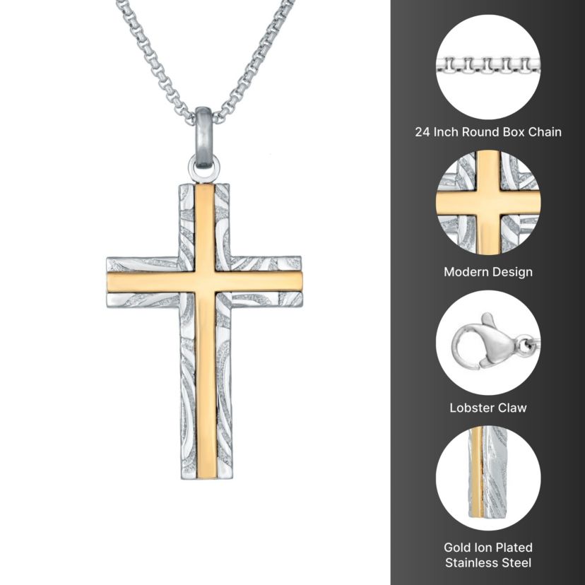Damascus Stainless Steel Cross Pendant with Goldtone Ion Plating