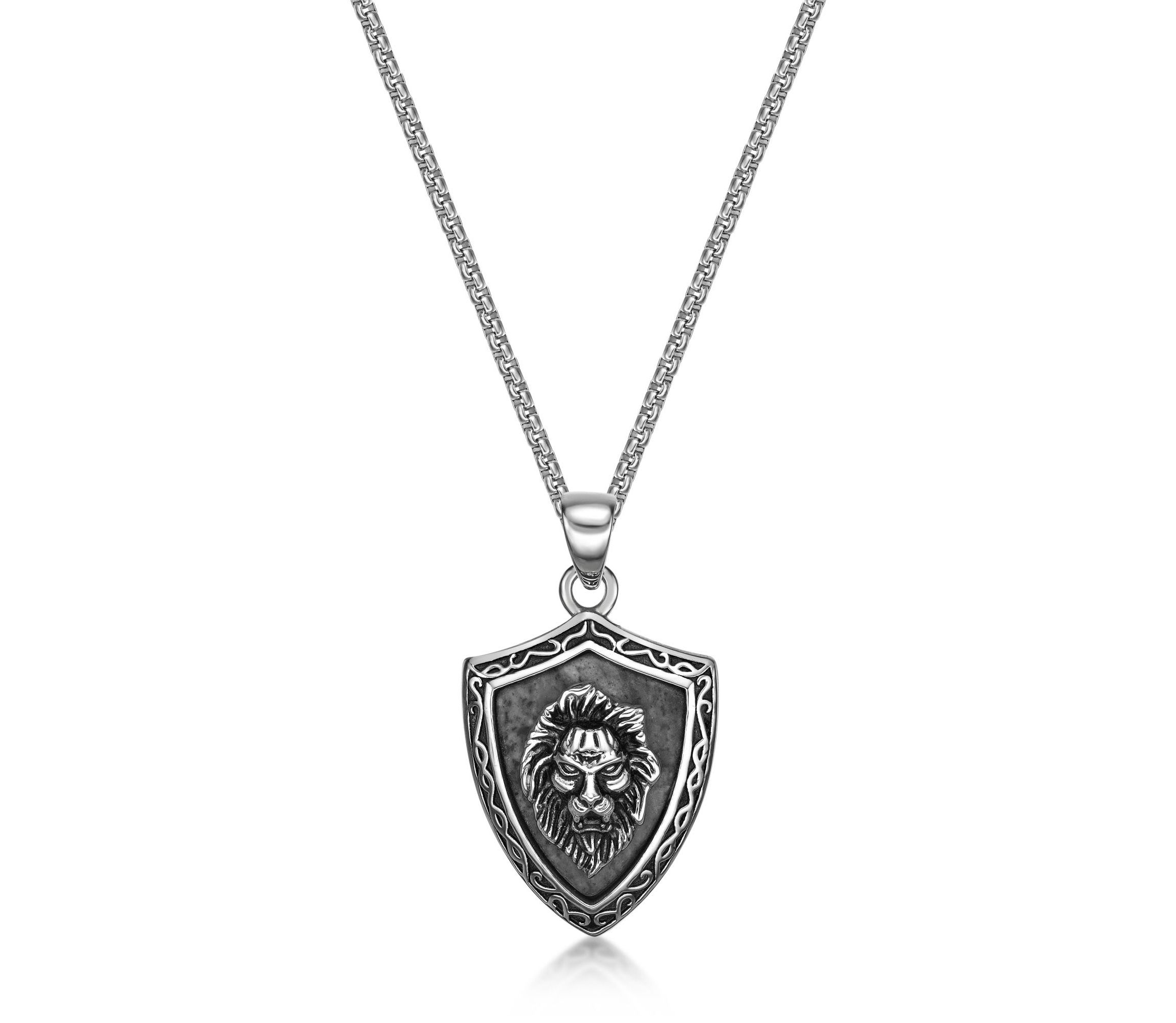 Antiqued Finish Stainless Steel Lion Pendant with Picasso Jasper