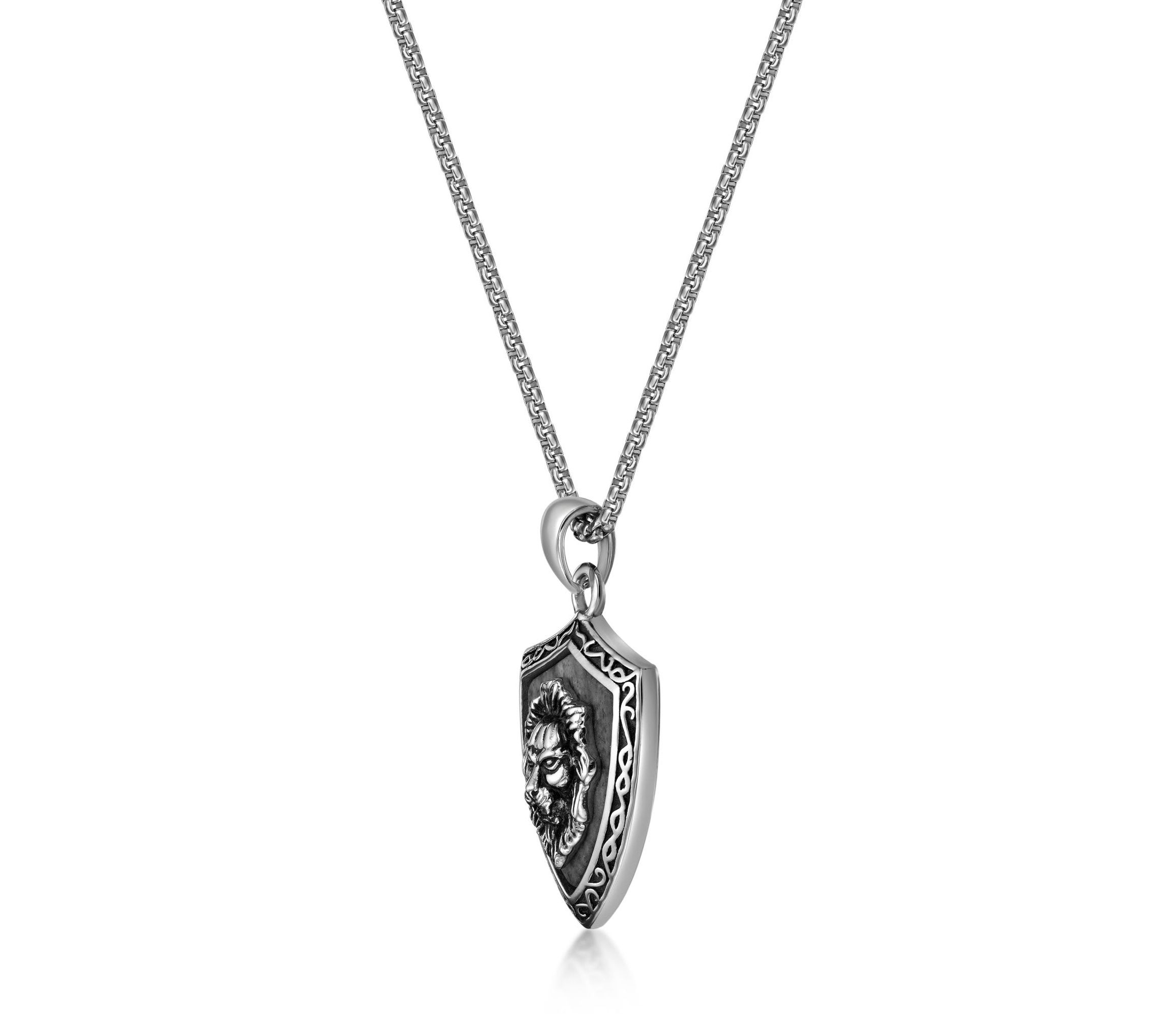 Antiqued Finish Stainless Steel Lion Pendant with Picasso Jasper