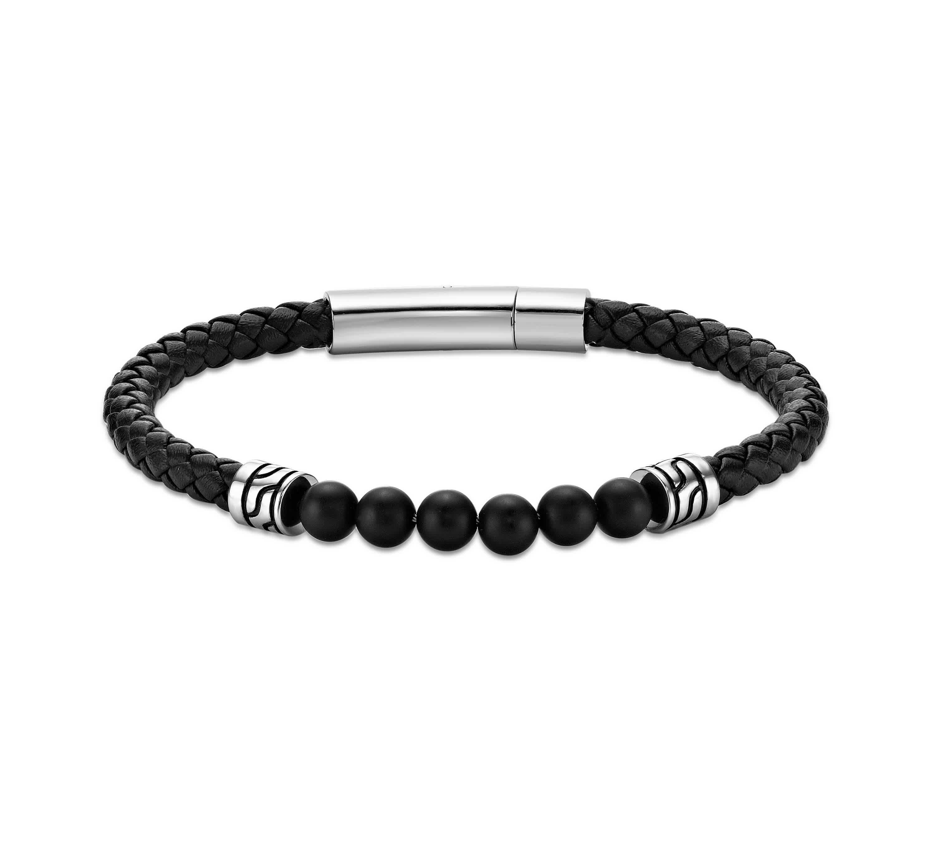 Black Agate Beaded & Black Leather Bracelet Stainless Steel 8.5"
