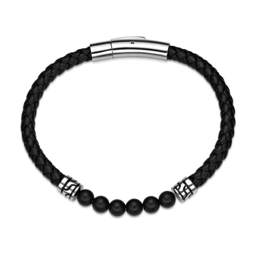 Black Agate Beaded & Black Leather Bracelet Stainless Steel 8.5"
