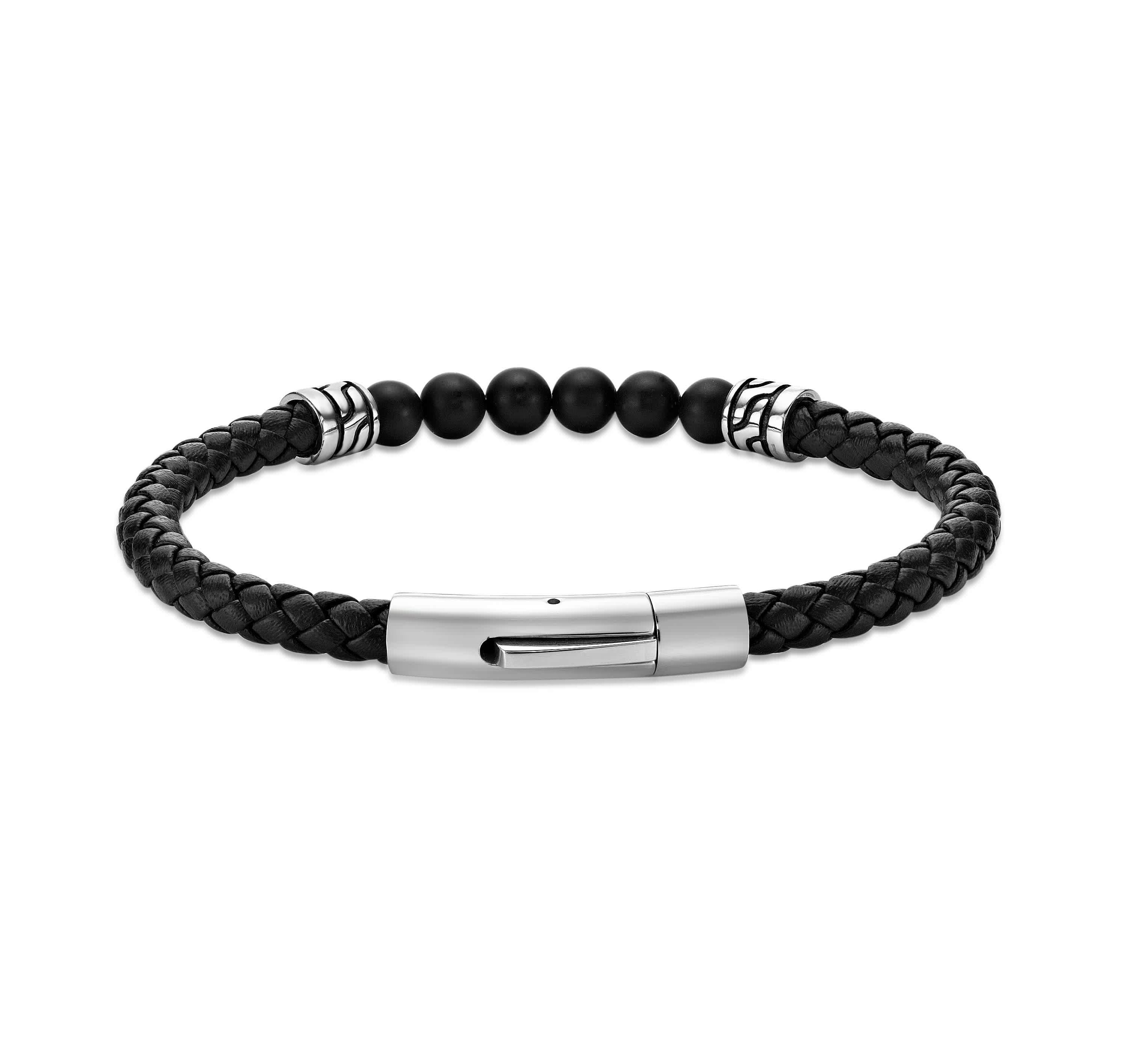 Black Agate Beaded & Black Leather Bracelet Stainless Steel 8.5"