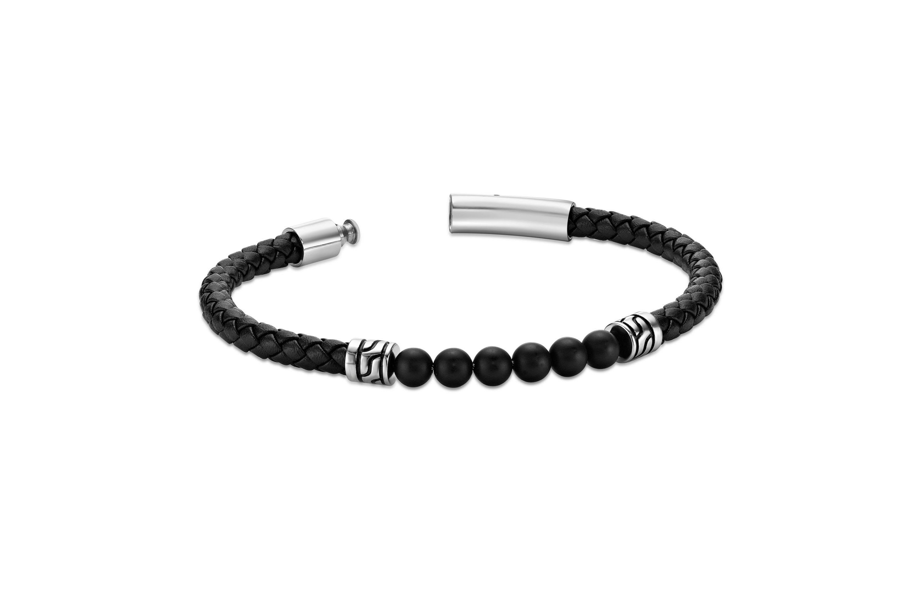 Black Agate Beaded & Black Leather Bracelet Stainless Steel 8.5"