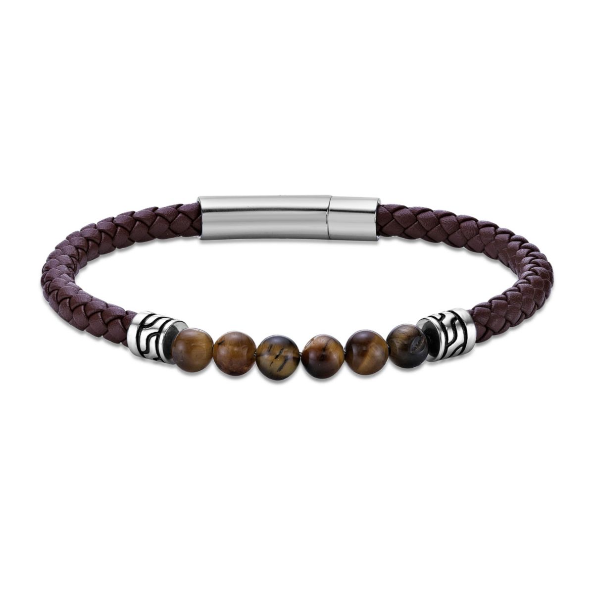 Tiger Eye Beaded & Black Leather Bracelet Stainless Steel 8.5"