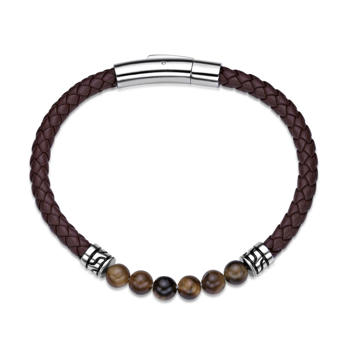 Tiger Eye Beaded & Black Leather Bracelet Stainless Steel 8.5"
