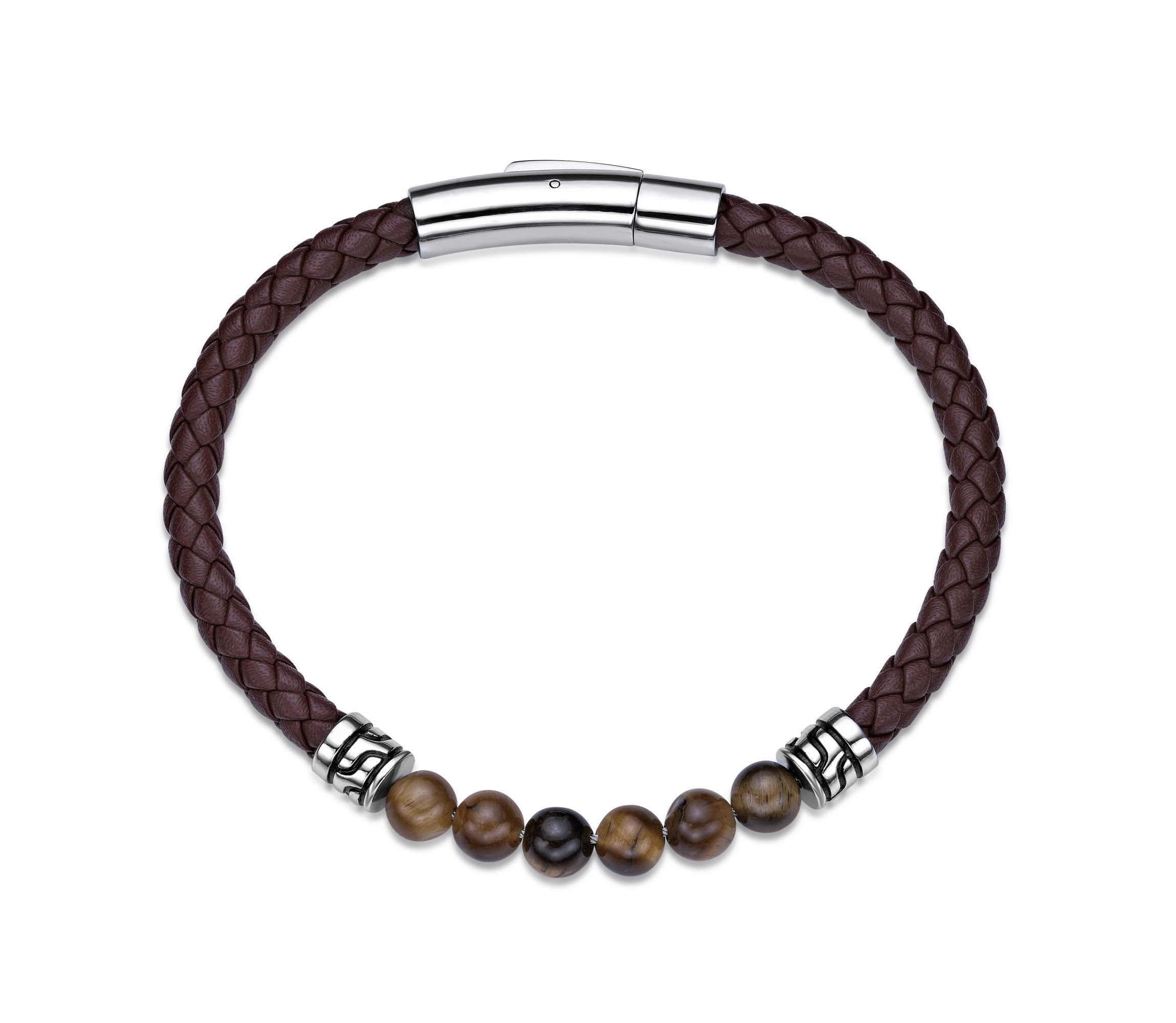 Tiger Eye Beaded & Black Leather Bracelet Stainless Steel 8.5"