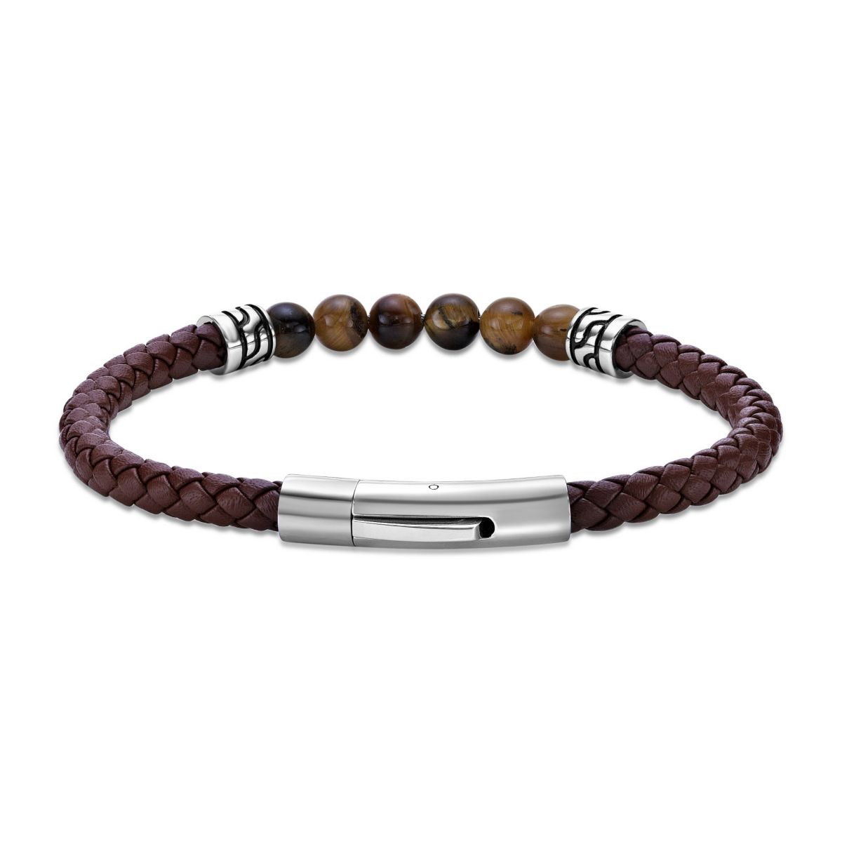 Tiger Eye Beaded & Black Leather Bracelet Stainless Steel 8.5"