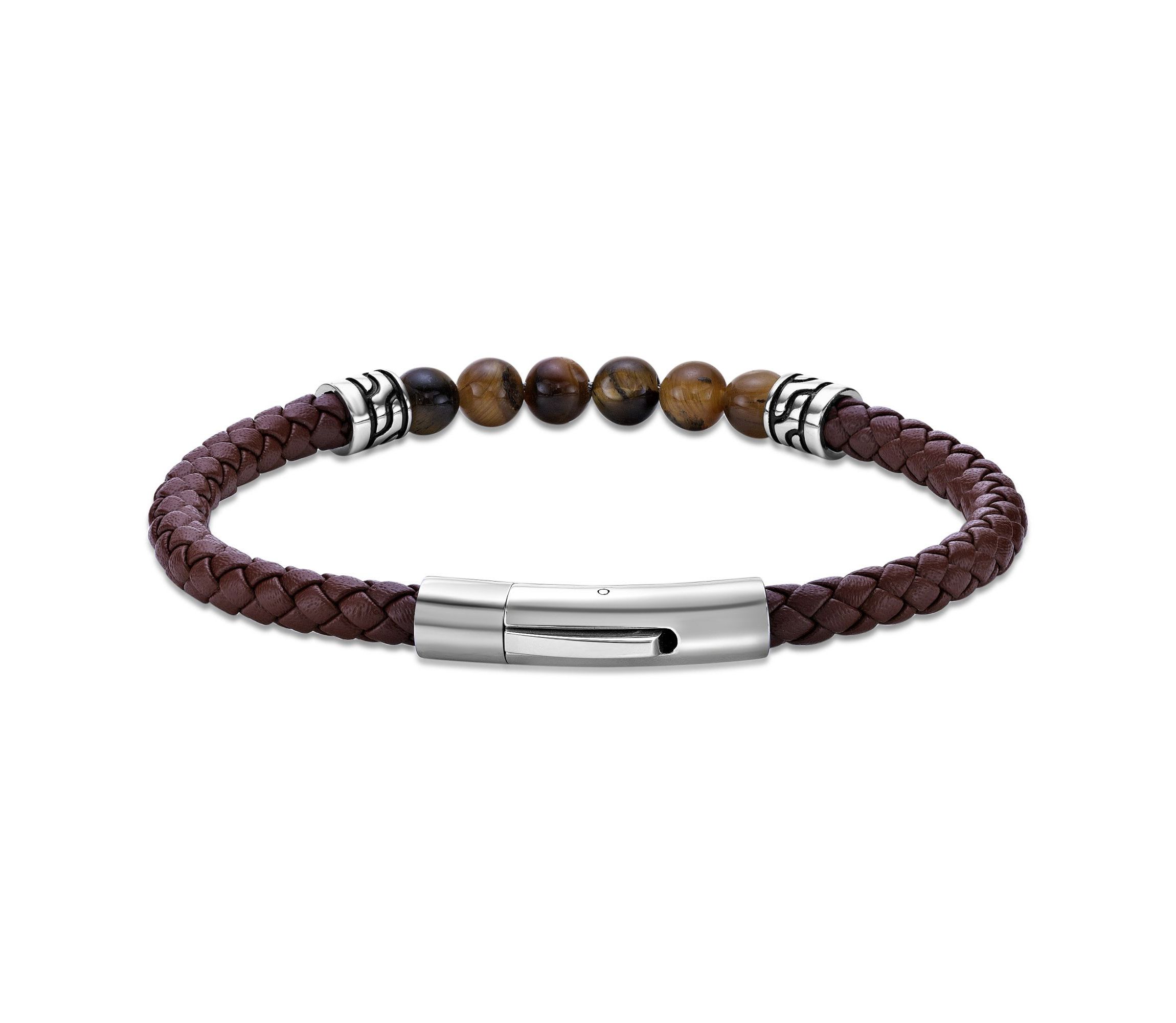 Tiger Eye Beaded & Black Leather Bracelet Stainless Steel 8.5"