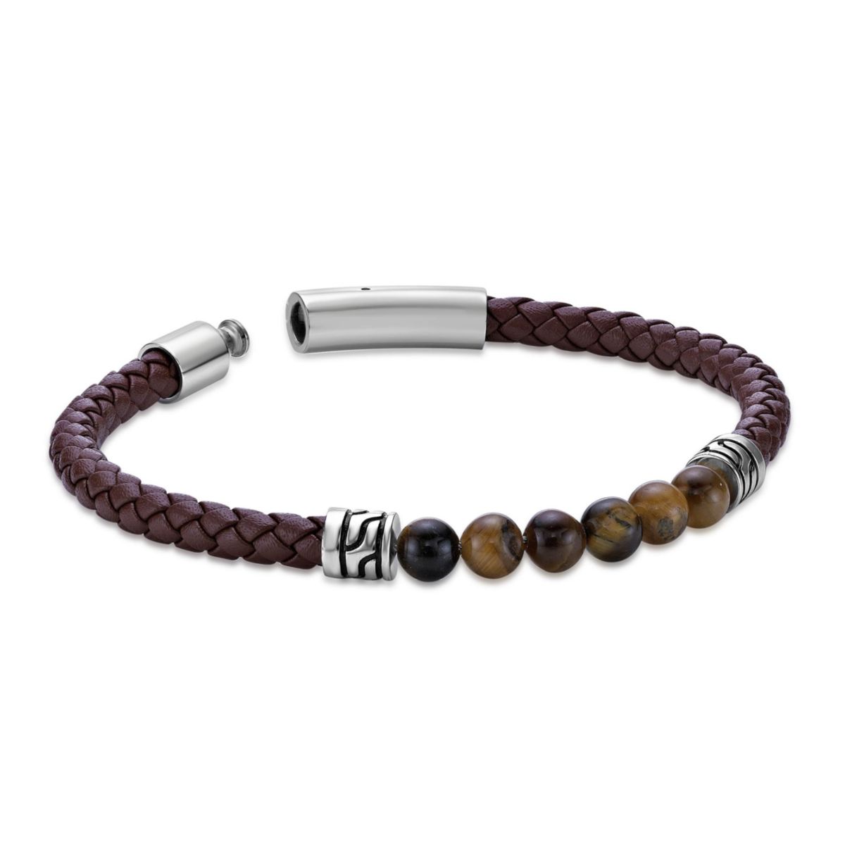 Tiger Eye Beaded & Black Leather Bracelet Stainless Steel 8.5"