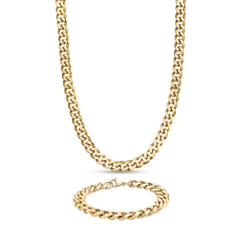 Yellow Ion-Plated Stainless Steel Curb Chain Necklace & Bracelet Set