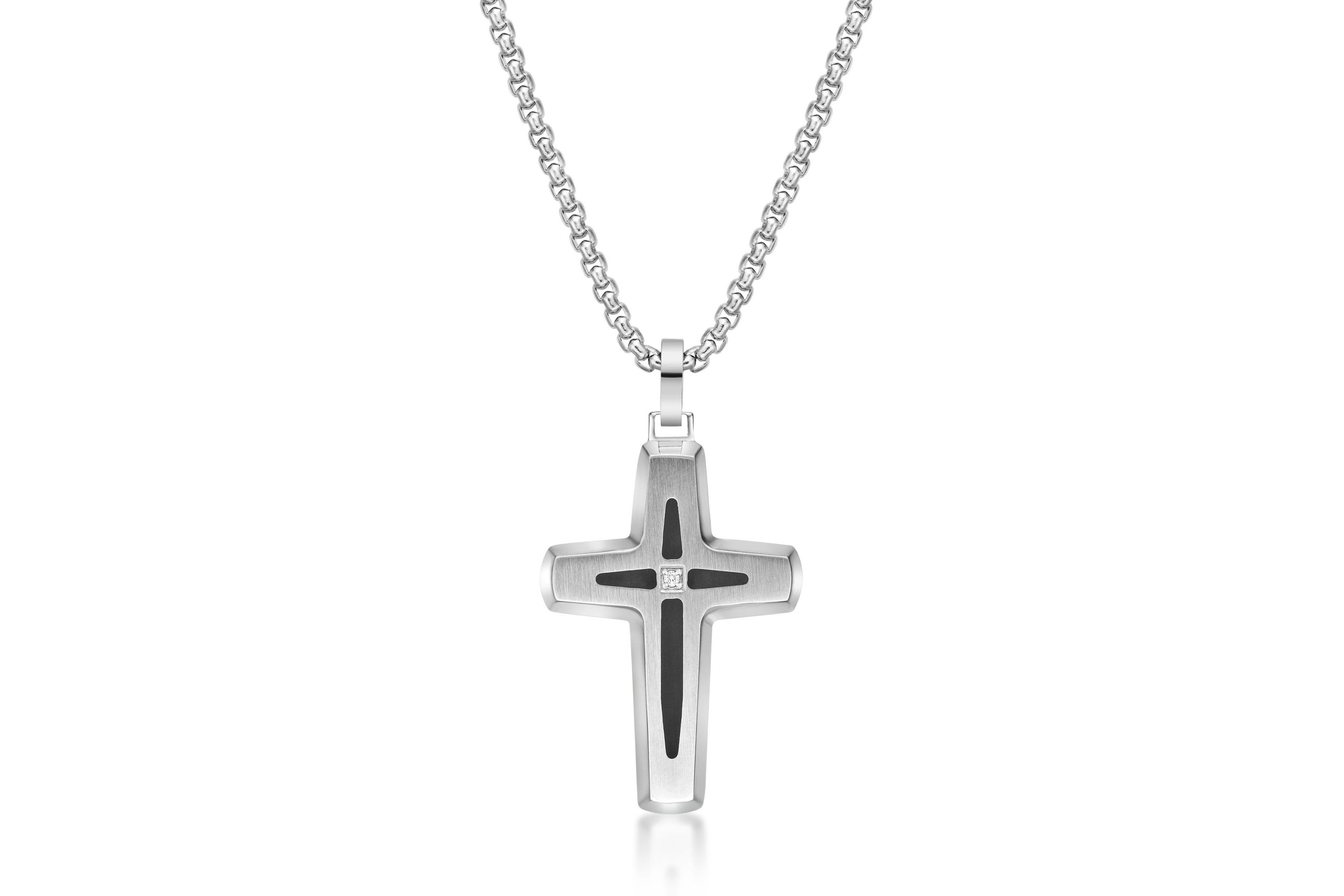 Stainless Steel Cross Pendant with Diamond Accent