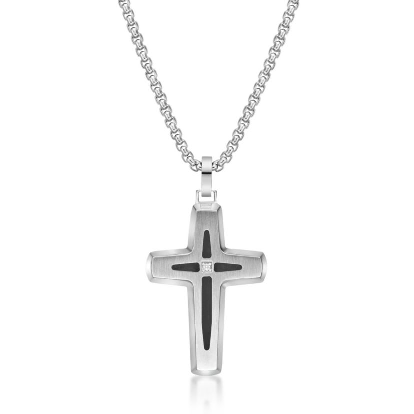 Stainless Steel Cross Pendant with Diamond Accent