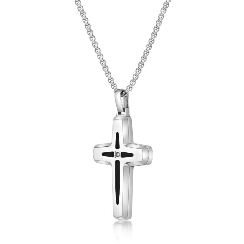Stainless Steel Cross Pendant with Diamond Accent