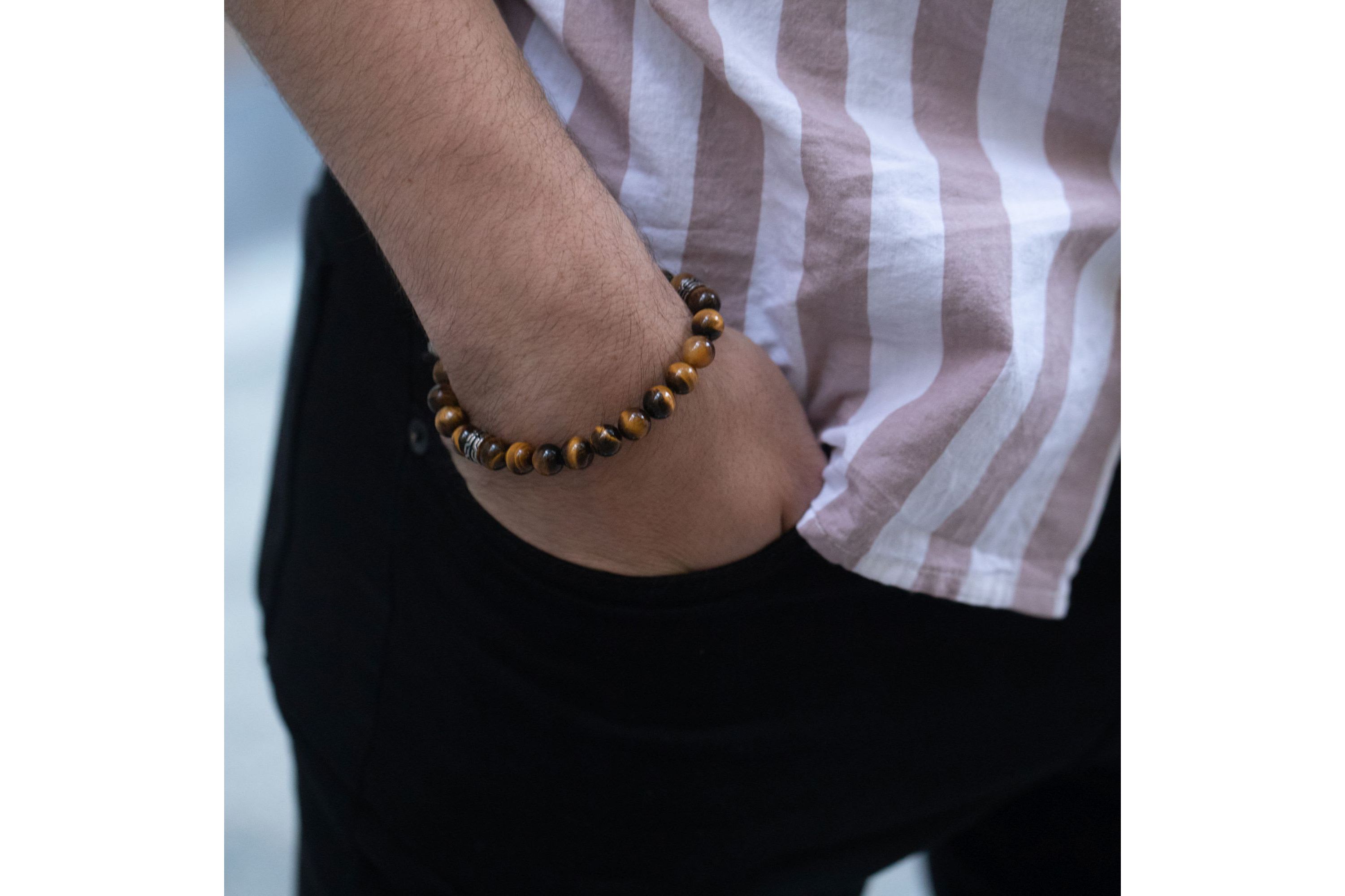 Stainless Steel Bracelet with Tiger Eye Beads