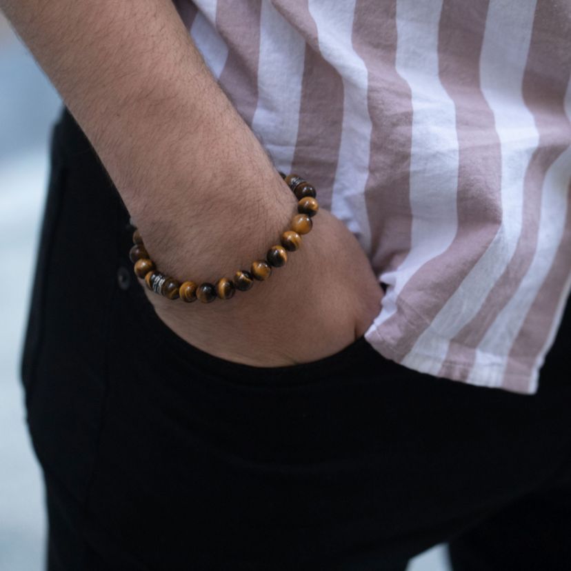 Stainless Steel Bracelet with Tiger Eye Beads