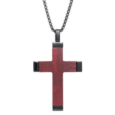 LYNX Men's Stainless Steel Cross Pendant with Wood Inlay and Black Ion Plating, 24 in